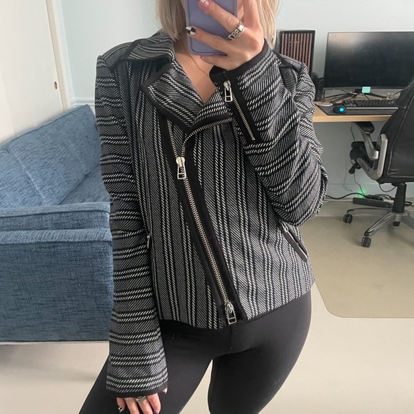 Veronica Beard Full Zip Striped Moto Blazer Navy White 8 - Picture 2 of 8